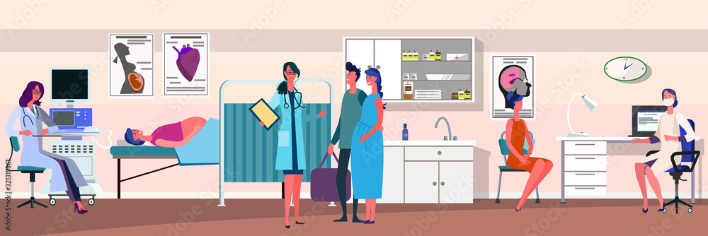 Doctor examining pregnant patient. Ultrasound scanner, couple, medical office flat vector illustration. Pregnancy, prenatal care, healthcare concept for banner, website design or landing web page Doctor examining pregnant patient. Ultrasound scanner, couple, medical office flat vector illustration. Pregnancy, prenatal care, healthcare concept for banner, website design or landing web page