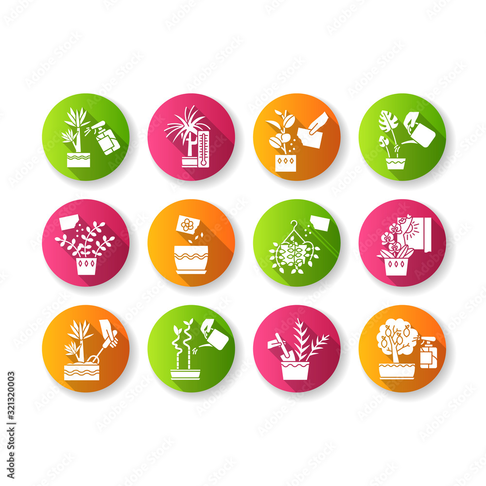 Houseplant caring flat design long shadow glyph icons set. Plant transplant. Seed planting. Watering, fertilizing. Fluffing. Temperature conditions. Spraying. Silhouette RGB color illustration Houseplant caring flat design long shadow glyph icons set. Plant transplant. Seed planting. Watering, fertilizing. Fluffing. Temperature conditions. Spraying. Silhouette RGB color illustration