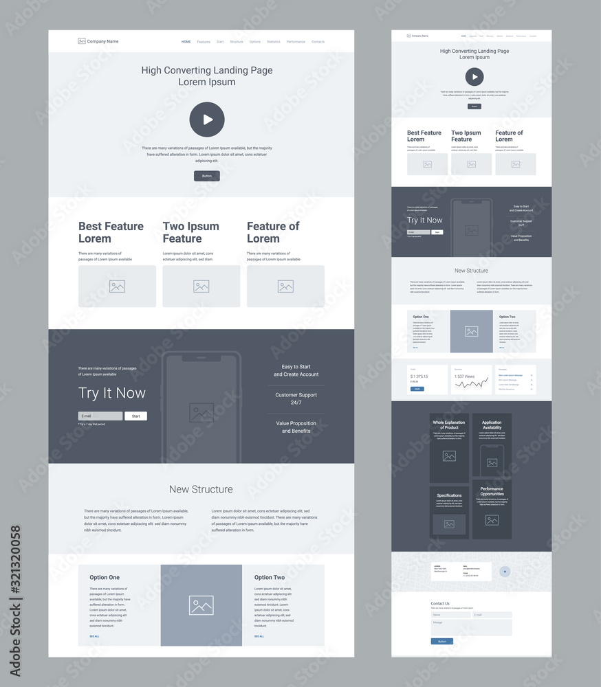 Landing page wireframe design for business. One page website layout template. Modern responsive design. Ux ui website: features, call to action, new structure, statistics, options, blog, contacts. - obrazy, fototapety, plakaty 