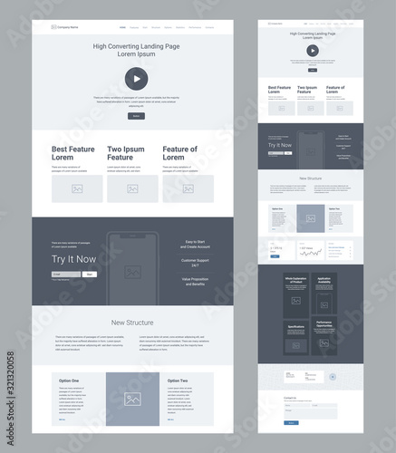 Landing page wireframe design for business. One page website layout template. Modern responsive design. Ux ui website: features, call to action, new structure, statistics, options, blog, contacts.