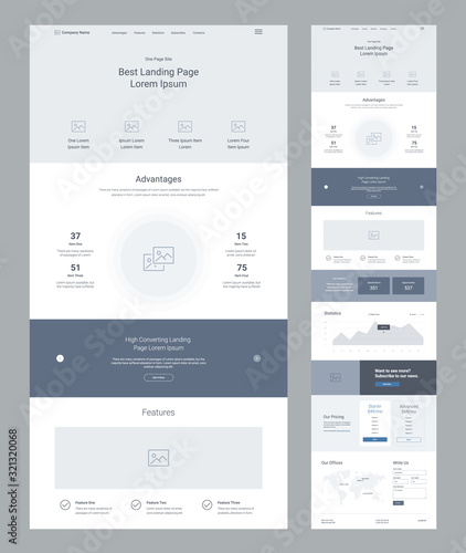 Landing page wireframe design for business. One page website layout template. Modern responsive design. Ux ui website: advantages, features, call to action, information, statistics, pricing, map.