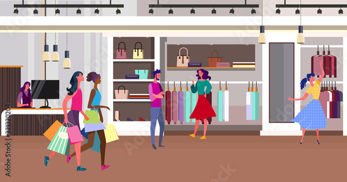 Girls shopping in fashion store. Customers, boutique, clothing shop flat vector illustration. Outlet, sale, consumerism concept for banner, website design or landing web page
