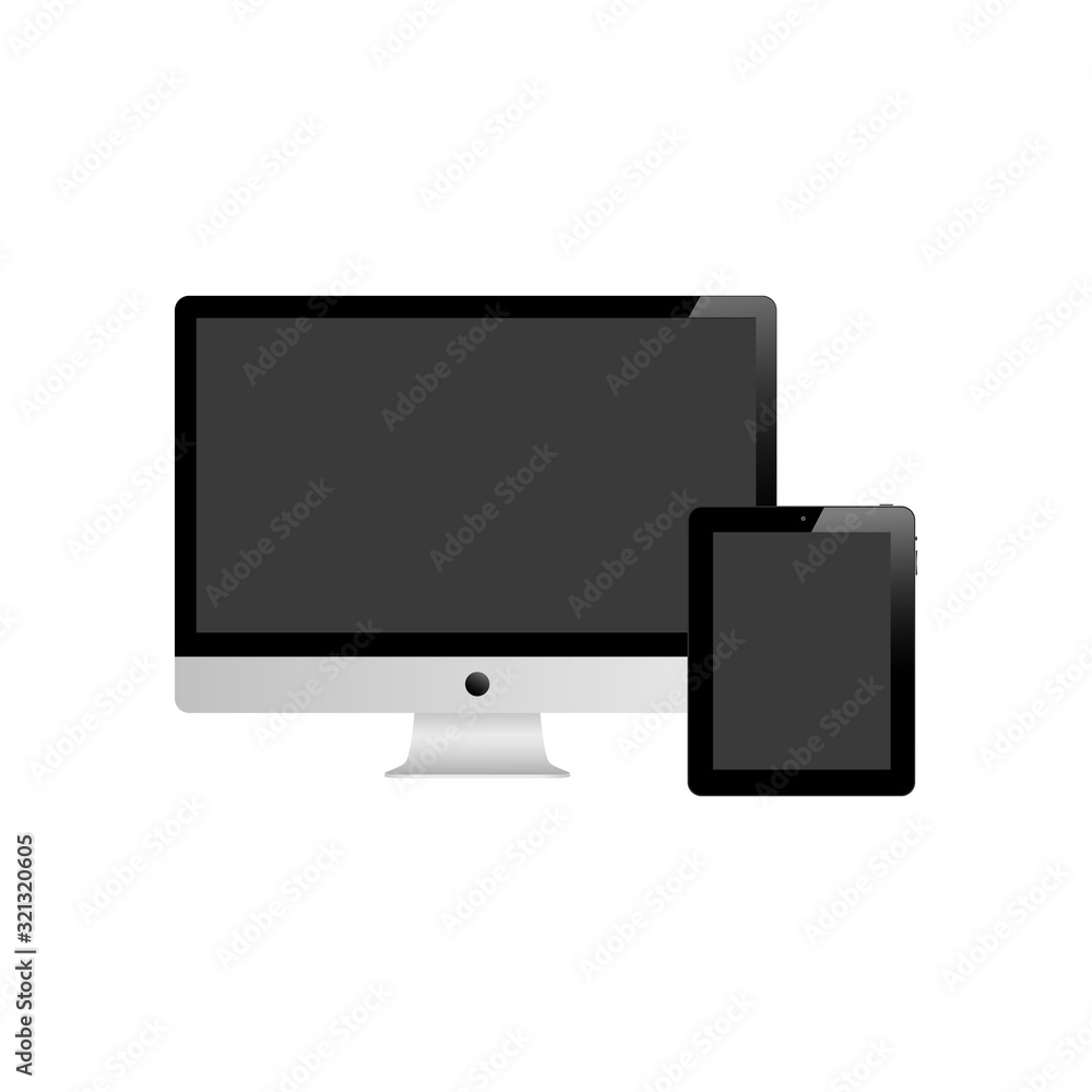 Tablet and desktop computer with black screen on a white background. Tablet and desktop computer with black screen on a white background.