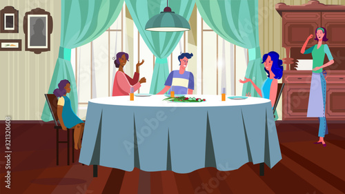 Family having dinner at home. Friend, guest, dining room flat vector illustration. Eating, special date, event concept for banner, website design or landing web page