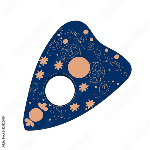 Planchette vector illustration isolated on white. Sketch style hand drawn. Element for halloween or pagan witchcraft theme. Witch object in blue color with gold details