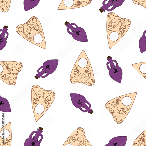 Seamless pattern with witch object Mystical illustration .Vector card on color background Magical art Ouija board object and bottle for potion for print, decor