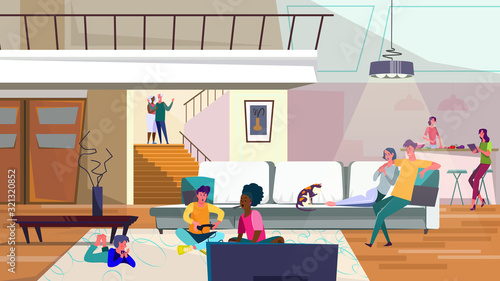 Big family at home. Kids playing video games, women cooking in kitchen, living room flat vector illustration. Home party, guests, extended family concept for banner, website design or landing web page