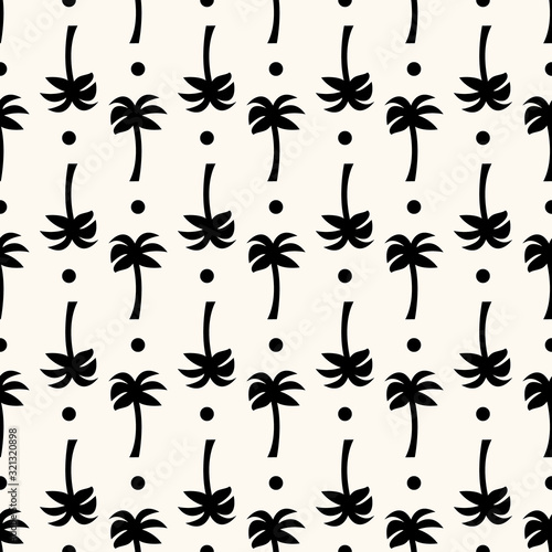 Vector seamless geometric pattern with silhouettes of palms and dots