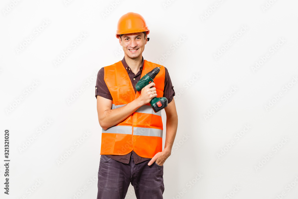 portrait of young manual worker thumb up isolated on white