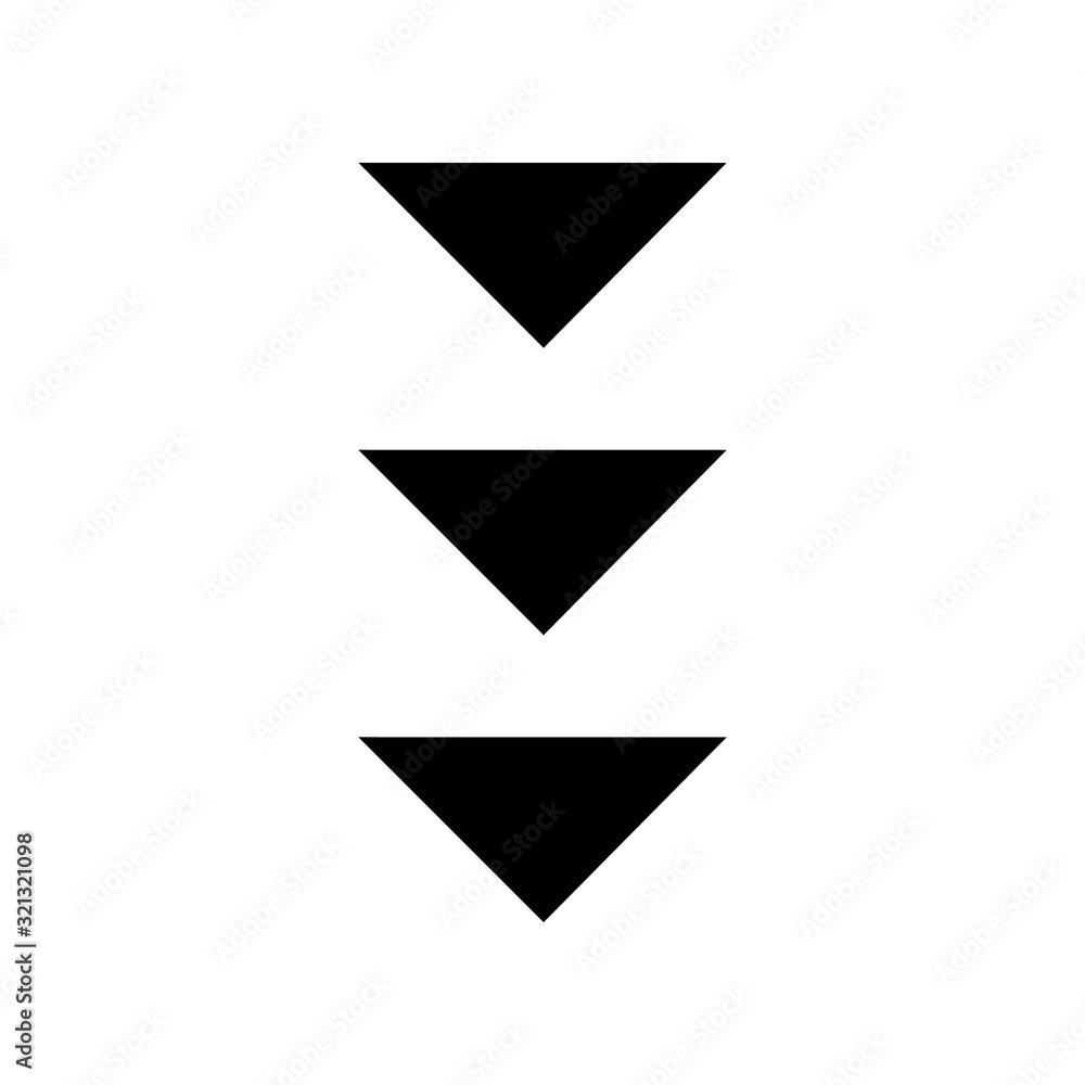 Three down arrows black glyph icon. Page browsing vertical direction, download. Website pointer. Scrolldown application interface cursor. Silhouette symbol on white space. Vector isolated illustration Three down arrows black glyph icon. Page browsing vertical direction, download. Website pointer. Scrolldown application interface cursor. Silhouette symbol on white space. Vector isolated illustration