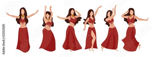 Vector set of beautiful brunette girls dancing oriental belly dance. Sexy woman in a red dress. Body positive and a favorite hobby. Design for advertising dance school, print posters, flyers, booklets