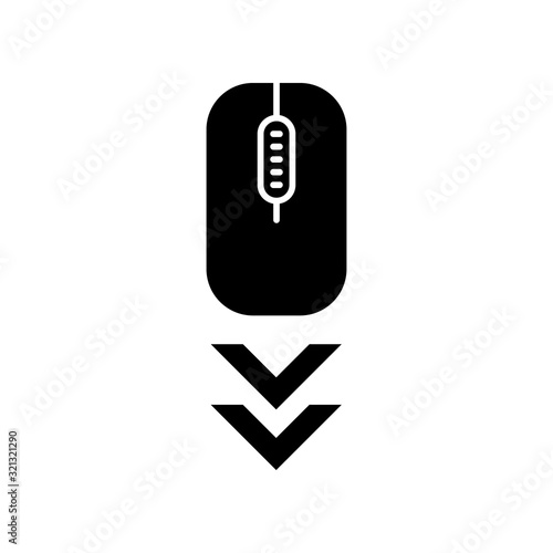 Scrolling mouse black glyph icon. Internet page browsing gesture, down arrowheads indicator. Modern computer element. Web cursor. Silhouette symbol on white space. Vector isolated illustration