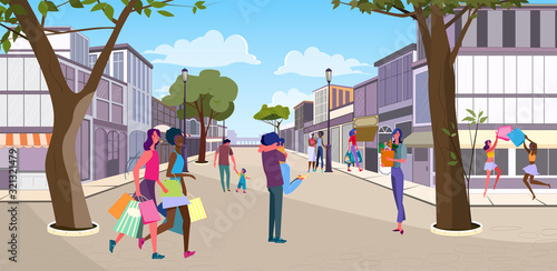 City walk area. Young people walking, meeting, shopping outside flat vector illustration. Urban life, leisure, activity, meeting concept for banner, website design or landing web page