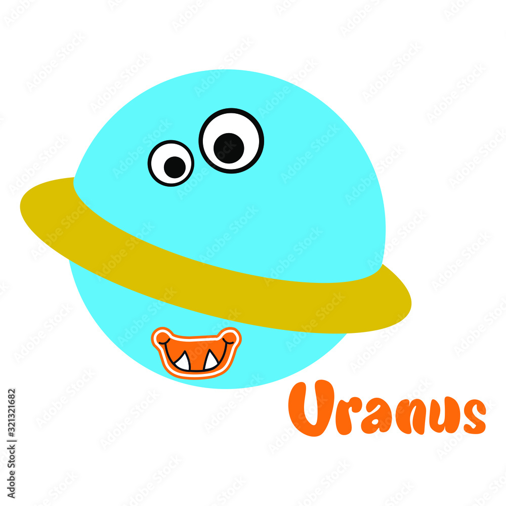 Uranus planet with a funny face, childish illustration. Space. Suitable for the design of children's products. Isolated white. Stock illustration. Uranus planet with a funny face, childish illustration. Space. Suitable for the design of children's products. Isolated white. Stock illustration.
