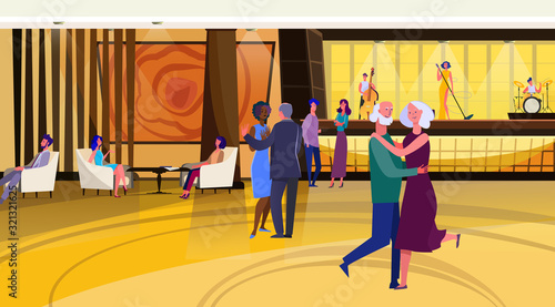 Senior couple dancing in party. Live music, singer, festive event flat vector illustration. Celebration, entertainment, age concept for banner, website design or landing web page