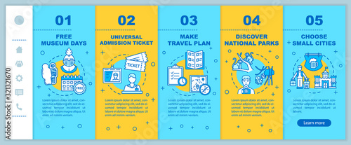 Money saving tips for travelers onboarding vector template. Affordable vacation, budget tourism. Responsive mobile website with icons. Webpage walkthrough step screens. RGB color concept