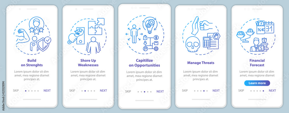 Building up strength onboarding mobile app page screen with concepts. Money growth. Management walkthrough 5 steps graphic instructions. UI vector template with RGB color illustrations