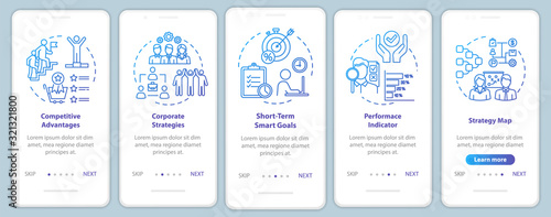 Competitiveness onboarding mobile app page screen with concepts. Marketing and management. Optimization walkthrough 5 steps graphic instructions. UI vector template with RGB color illustrations