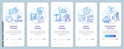Landscape architecture onboarding mobile app page screen with concepts. Entertainment. City planning walkthrough 5 steps graphic instructions. UI vector template with RGB color illustrations