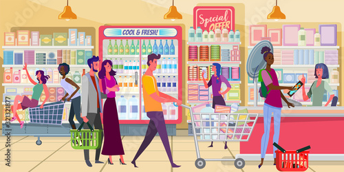 People buying food in grocery shop. Customer queue, cash register, checkout flat vector illustration. Supermarket, retail concept for banner, website design or landing web page