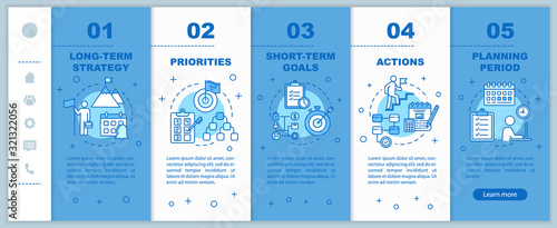 Strategy for business onboarding vector template. Priorities and actions. Corporate management. Responsive mobile website with icons. Webpage walkthrough step screens. RGB color concept