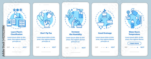 Plants concern onboarding mobile app page screen with concepts. Gardening tips. Herbal cultivation walkthrough five steps graphic instructions. UI vector template with RGB color illustrations