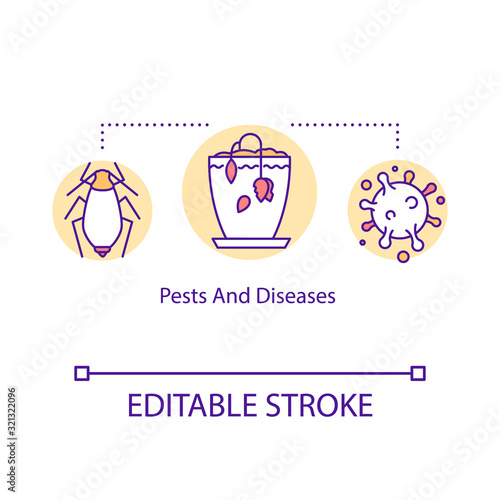 Houseplant pests and diseases concept icon. Dying flower. Plant care. Insects and bacteria. Wilting flower idea thin line illustration. Vector isolated outline RGB color drawing. Editable stroke