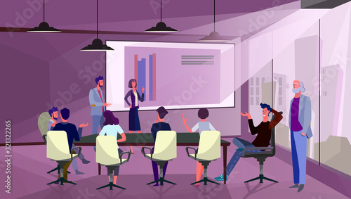 Managers presenting diagrams to partners. Meeting room, presentation, representative flat vector illustration. Project, marketing, business concept for banner, website design or landing web page