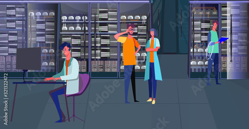 Hardware professionals working in server room. Engineers, cabinet, equipment flat vector illustration. Communication, data storage, database concept for banner, website design or landing web page