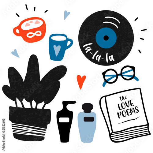 Hand drawn vector illustration of cozy home decor style. Cosmetics, plant, vynil record, romantic poem book, tea cup and glasses isolated clipart set. Print, card doodle design.
