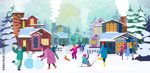 Kids and parent enjoying winter vacation. Country houses, sleighing, making snowman flat vector illustration. Outdoor activity, holiday, fun concept for banner, website design or landing web page