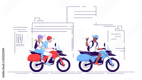 People on motorcycles flat doodle illustration. Tourists riding bikes in city. Couple using local transport with guide. Indonesia tourism 2D cartoon character with outline for commercial use