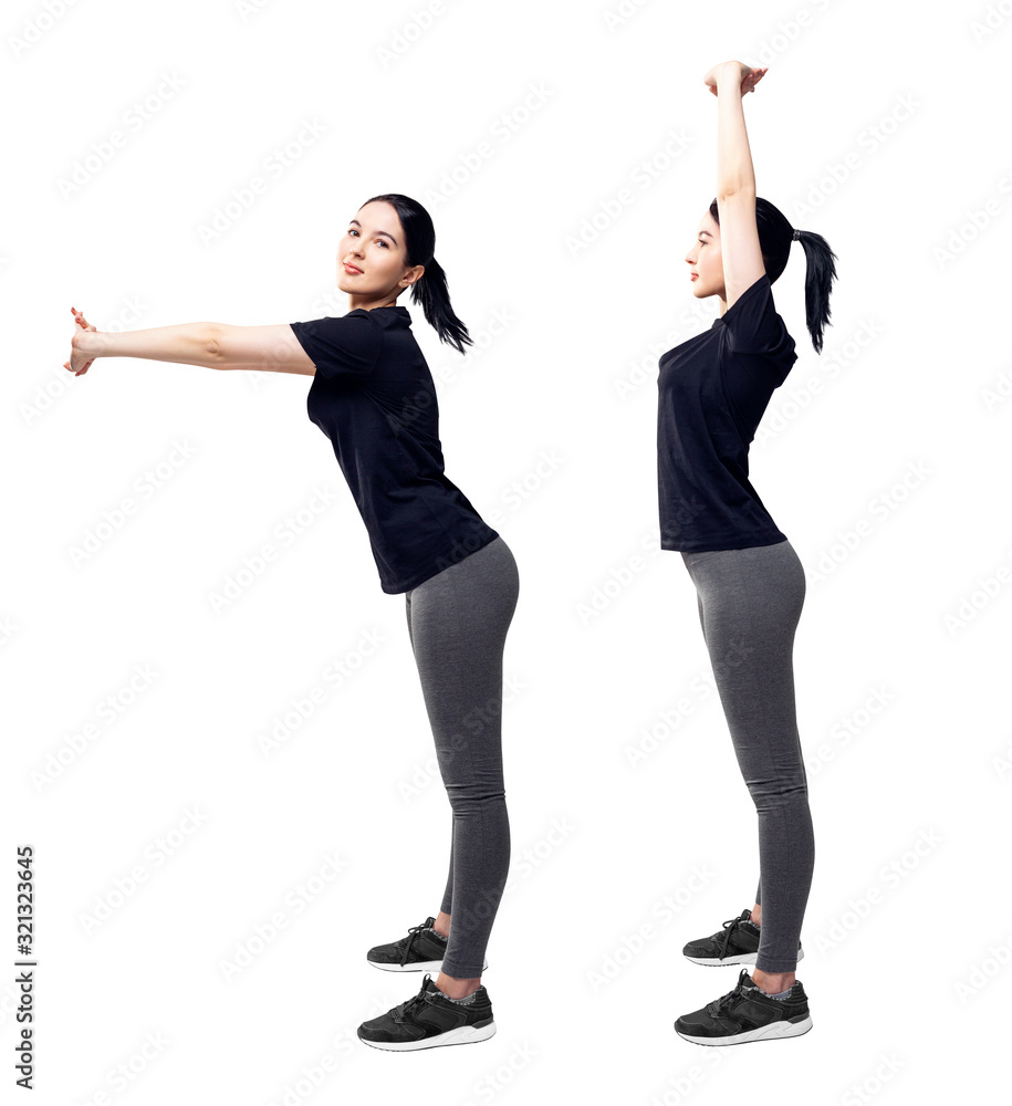 Collage of full length young woman in sportswear doing exercises. Collage of full length young woman in sportswear doing exercises.