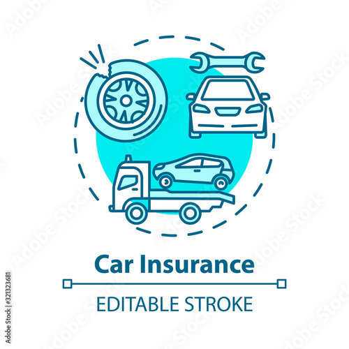 Car insurance concept icon. Incident recovery. Collision damage. Accident coverage. Personal property fix idea thin line illustration. Vector isolated outline RGB color drawing. Editable stroke