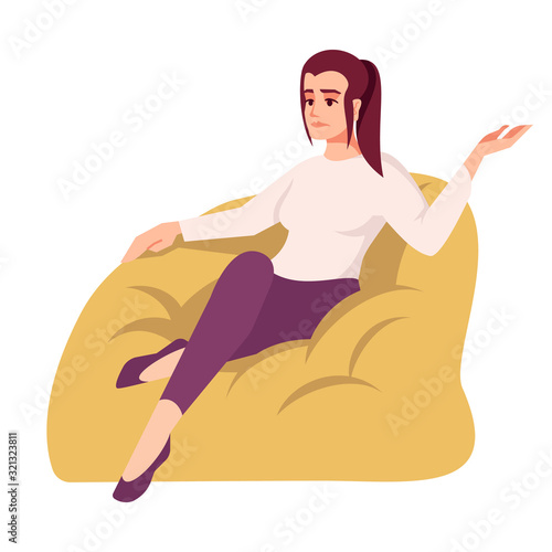 Upset woman on bag chair semi flat RGB color vector illustration. Frustrated girl in sack armchair. Therapy patient. Psychology consultation. Isolated cartoon character on white background