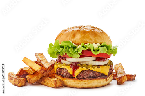Hamburger with french fries on white