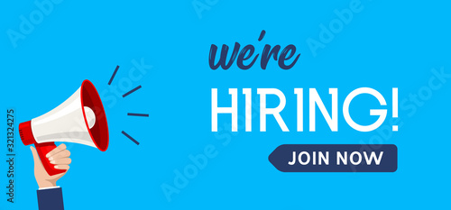 We hiring now banner job offer vector background. Hiring promotion megaphone employee illustration