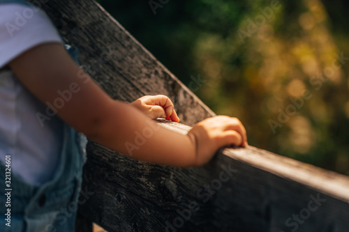 Hands of a little child standing on a wooden bridge on a sunny summer day. © Moritz Klingenstein