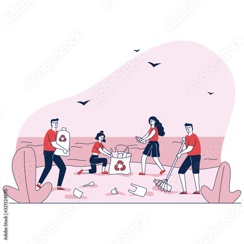 Family collecting garbage in trash bags on ocean beach vector illustration. Eco volunteers cleaning seashore from trash. People taking care of ecological situation on planet, environmental protection.