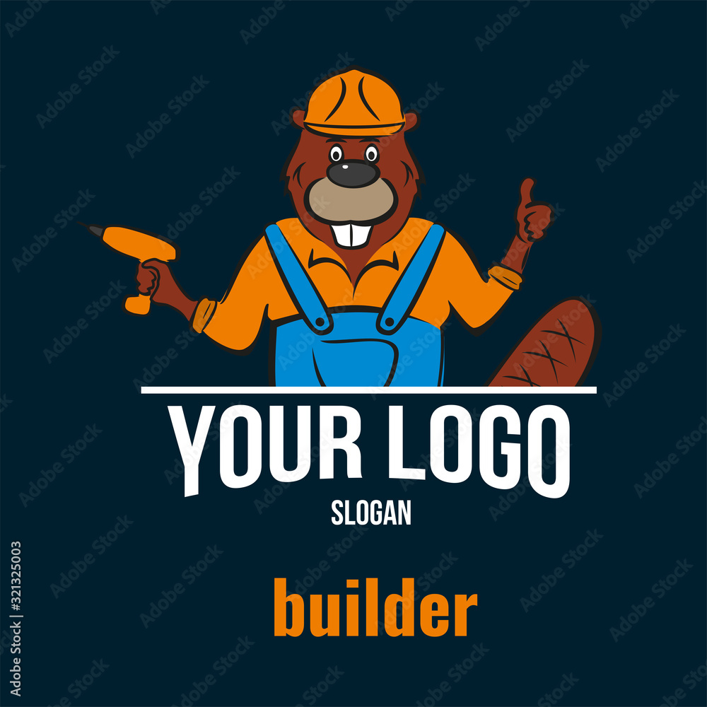 Beaver, builder. Holds a power tool in his hand. Logo for a construction company