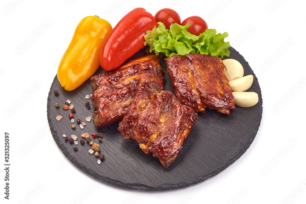 Roasted pork spare ribs in bbq sauce, spicy food, isolated on white background Roasted pork spare ribs in bbq sauce, spicy food, isolated on white background