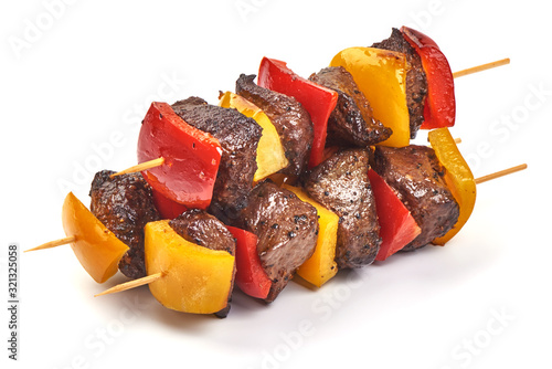 Roasted mutton skewers, BBQ kebab, isolated on white background photo