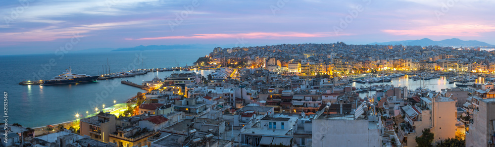 Panoramic view of Piraeus, the city port near Athens in Greece after sunset