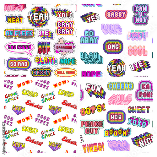 Set of 4 seamless patterns with comic-style word bubbles, patches. White background. Quirky cartoon vector wallpapers. 