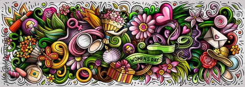 Happy Womens Day hand drawn cartoon doodles illustration. Colorful vector banner