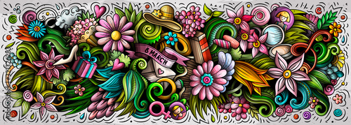 Happy Womens Day hand drawn cartoon doodles illustration. Colorful vector banner