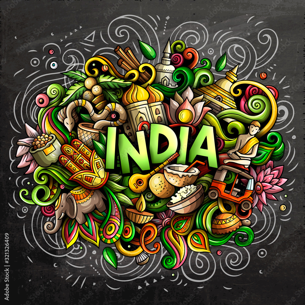 India hand drawn cartoon doodles illustration. Funny design.