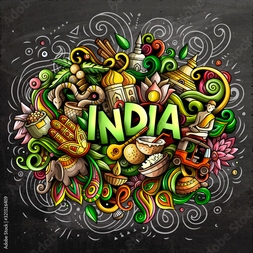 India hand drawn cartoon doodles illustration. Funny design.