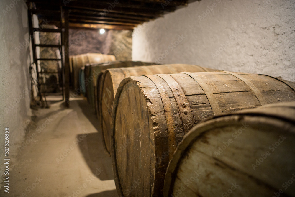 Wine cask barrels in cellar lined up against wall Wine cask barrels in cellar lined up against wall