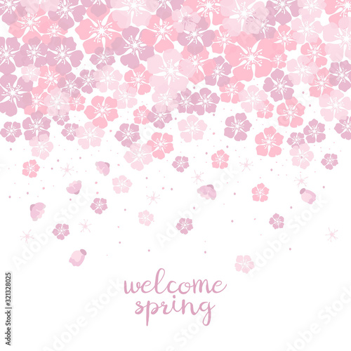 Cute background with cherry blossom with text 'Welcome spring'. © Evgeniya M